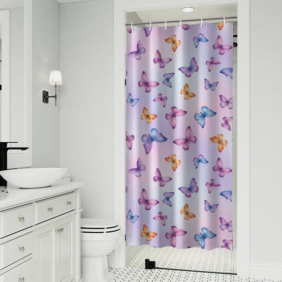 Butterfly and Purple Orange Pattern Modern Waterproof Shower Curtain Set with 12 Hooks, Washable Decorative Bathroom Shower Curtain