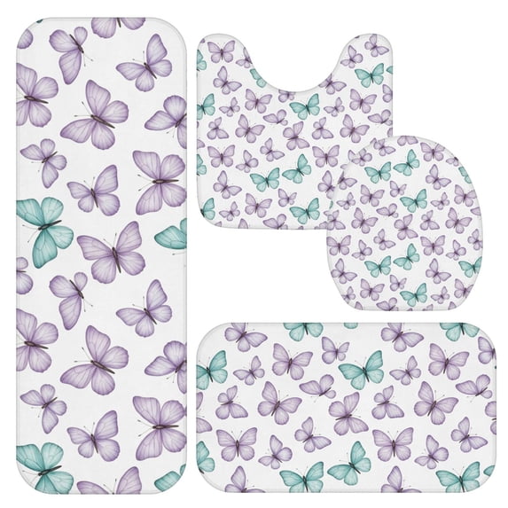 Butterfly and Purple Teal Pattern Bathroom Rug Set 4 Piece,Includes Contour,Lid Cover,Bath Mat,Non-Slip Extra Soft Absorbent Washable
