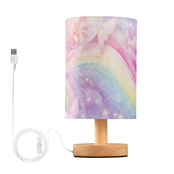 Butterfly and Rainbow Bedside Table Lamp LED Warm Lights with USB Charging Port Retro Cylinder Desk Lamps