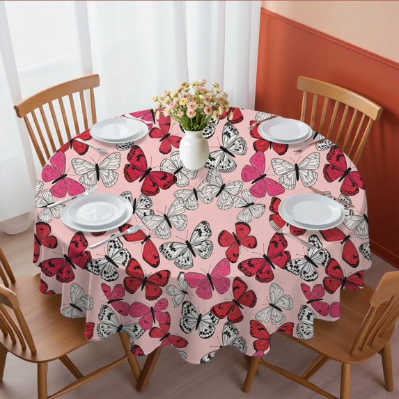 Butterfly and Red White Pattern Round Tablecloth 60"x60", Wrinkle Resistant Wipeable Table Cover for Kitchen Dining Room Picnic Patio and Party