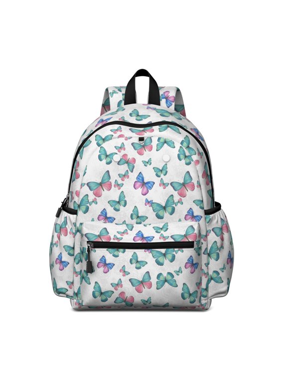 Butterfly and Rose Blue Pattern Cute School Backpack with Padded Back and Adjustable Shoulder Straps 13.4"x11"x4.7"