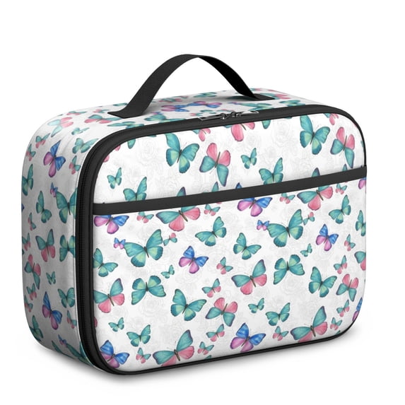 Butterfly and Rose Blue Pattern Teens Insulated Bento School Lunch Bag, 12 Can Capacity, for Work, Picnic or Travel, 10.6x7.7x4.3 Inches