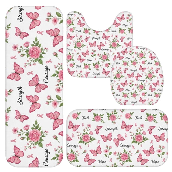 Butterfly and Rose Pink Pattern Bathroom Rug Set 4 Piece,Includes Contour,Lid Cover,Bath Mat,Non-Slip Extra Soft Absorbent Washable