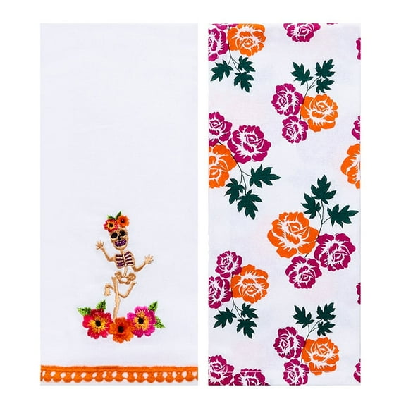 Butterfly and Skeletons Embroidered Kitchen Towels, Set of 2