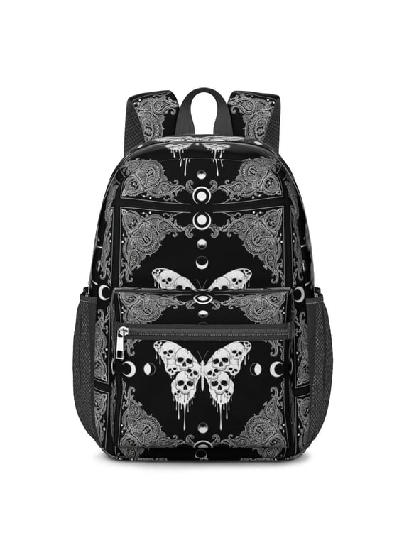 Butterfly and Skull Gothic Pattern 17" School Backpacks for Teens,Waterproof Oxford Fabric,S-Shape Padded Straps for School,Travel,Hiking,Camping