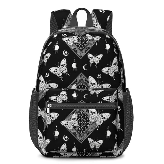 Butterfly and Skull Gothic Pattern 17" Waterproof Oxford School Backpacks for Teens, S-Shape Padded Straps, for School, Travel, Hiking, Camping
