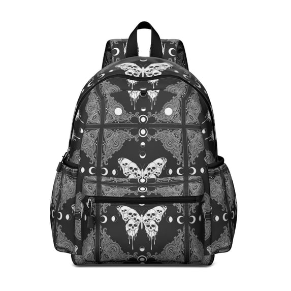 Butterfly and Skull Gothic Pattern Backpack for School, Cute School Bag with Adjustable Shoulder Straps and Padded Back, 13.4"x11"x4.7"