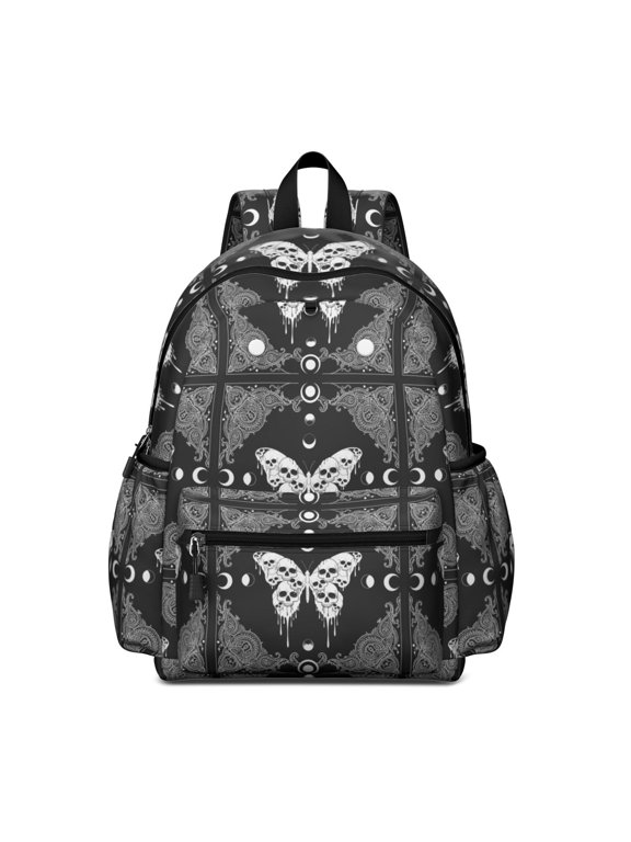 Butterfly and Skull Gothic Pattern Backpack for School, Cute School Bag with Adjustable Shoulder Straps and Padded Back, 13.4"x11"x4.7"