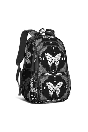 Butterfly and Skull Gothic Pattern Backpack for School, Cute School Bag with Adjustable Shoulder Straps and Padded Back, 16.9"x12.6"x5.9"