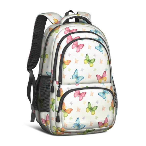 Butterfly and Star Pastel Pattern Cute School Backpack Bag with Padded Back and Adjustable Shoulder Straps 16.9 X 12.6 X 5.9 Inches
