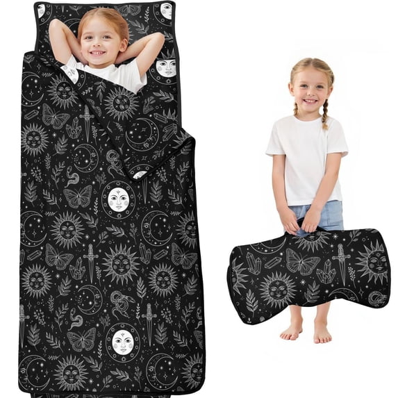 Butterfly and Sun Gothic Pattern Teens Toddler Nap Mat with Pillow, Sleeping Mat Bag for Preschool Daycare 59"x22"