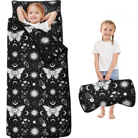 Butterfly and Sun Gothic Pattern Teens Toddler Nap Mat with Pillow, Sleeping Mat Bag for Preschool Daycare 60"x20"