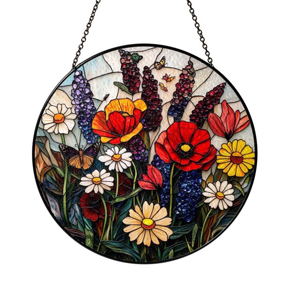 Butterfly and Wildflower Stained Glass Window Hanging, Cheerful Spring Botanical Decor for Bright Living Spaces