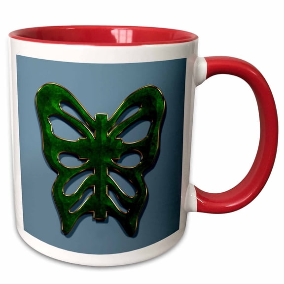 Butterfly cross that looks like jewelry, jade marble print, gold trim on slate blue grey background 11oz Two-Tone Red Mug mug-110037-5