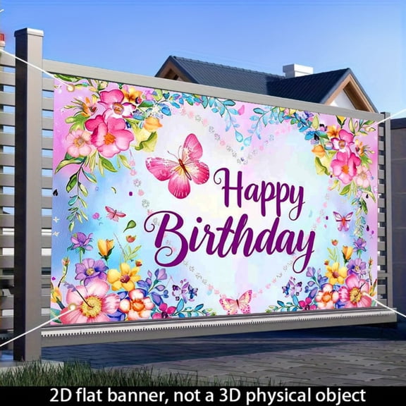 Butterfly and flower birthday theme banner, indoor and outdoor party decoration background cloth, 71x43 inches, birthday wall flag hanging, watercolor flower and butterfly frame design, suitable for