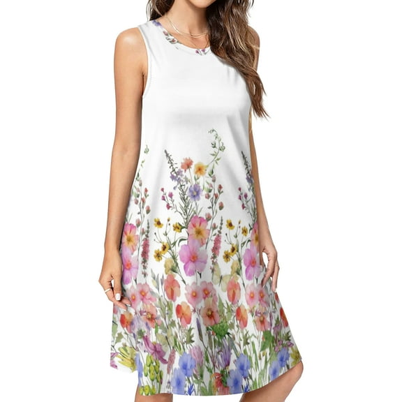 Butterfly garden Spring Summer Dresses for Women Fashion T-shirt Dress Casual Sleeveless Loose Sundress with Pockets