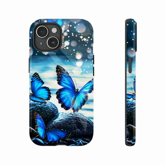 Butterfly iPhone Case, Stunning Blue Butterfly with Glittering Water Background, Protective Case for Summer Outings & Gifts, Compatible with iPhone 11/12/13/14/15/16 (Pro Max/Plus)