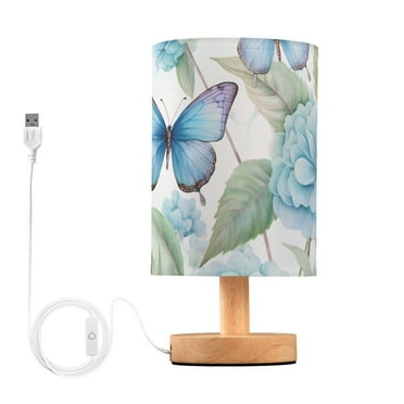 Butterfly on Flowers Blue Bedside Table Lamp LED Warm Lights with USB Charging Port Retro Cylinder Desk Lamps