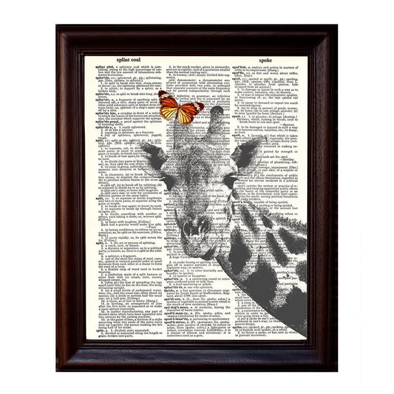 Butterfly on Giraffe - Dictionary Art Print Printed On Authentic Vintage Dictionary Book Page - 8 x 10.5