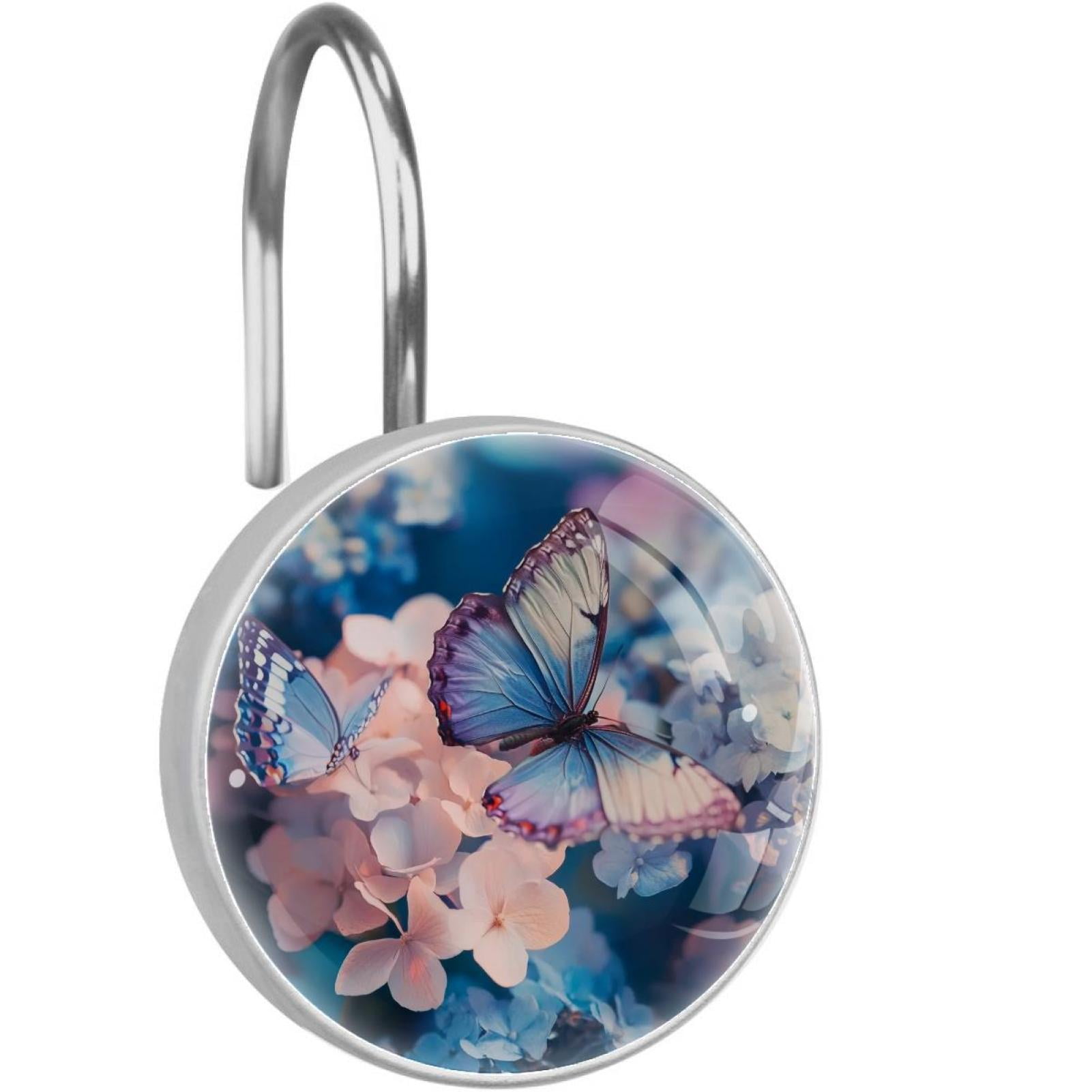Butterfly on Hydrangea Flower Shower Curtain Hooks Round Crystal Glass, Set of 12 Shower Curtain Rings - Shower Hooks for Curtain Shower Rings