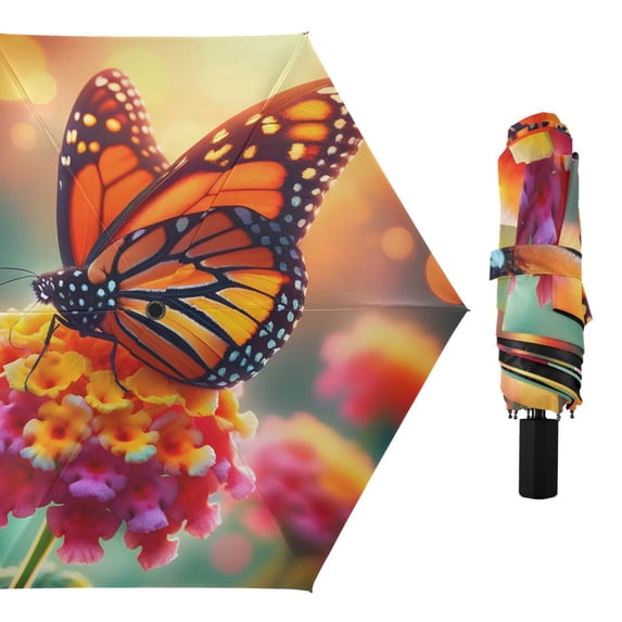 Butterfly on Lantana Flower Compact Sun Umbrella Windproof Travel Umbrellas for Rain Strong Portable UV Protection