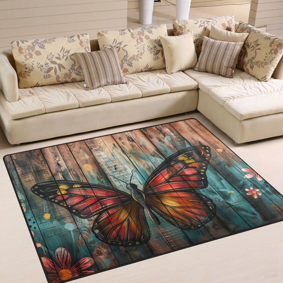 Butterfly on Wall Area Rug Washable 80 x 58 Floor Carpet Mat Non Slip for Bedroom Living Room Home Decor