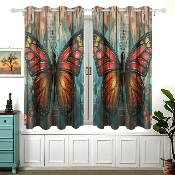 Butterfly on Wall Curtain Black Out Thermal Insulation Curtains Aesthetic 54 Inch Length for Bedroom Living Room 2 panels set