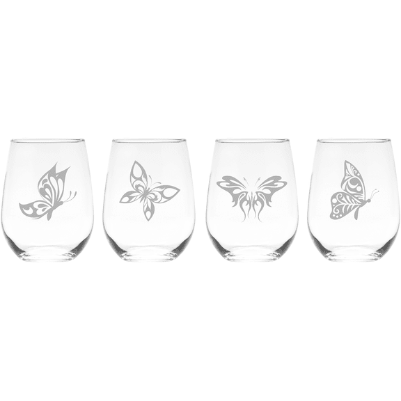 C&M Personal Gifts 17 oz Butterfly Stemless Wine Glasses Set of 4