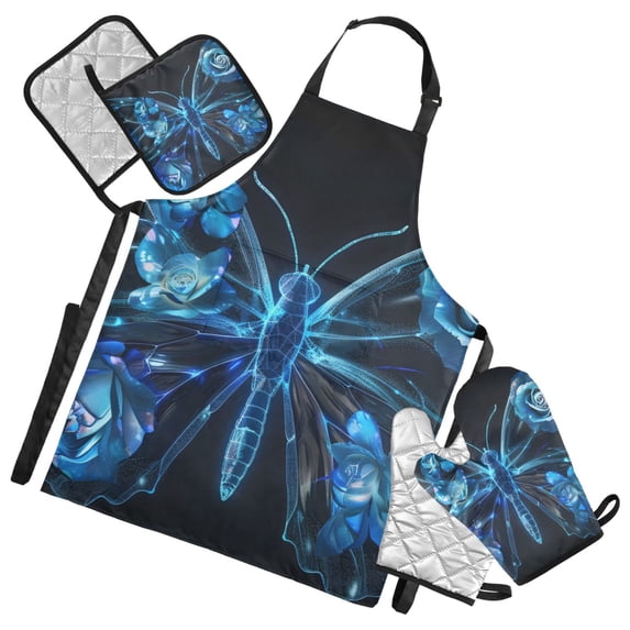 Butterfly with Flower on Wings 5 Pcs Kitchen Set Heat Resistant Oven Mitts and Non-Slip Pot Holders with Adjustable Cooking Apron