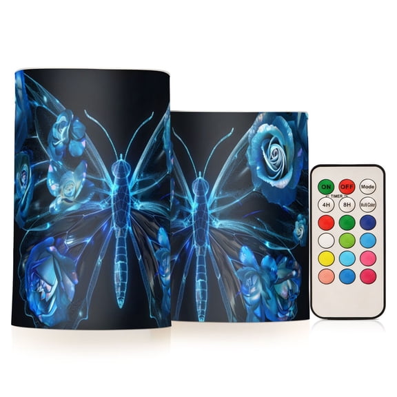 Butterfly with Flower on Wings Flickering Flameless LED Candles set of 2 Battery Operated 18-Key Remotes Timer Halloween Fall Decor D3''xH4''5''