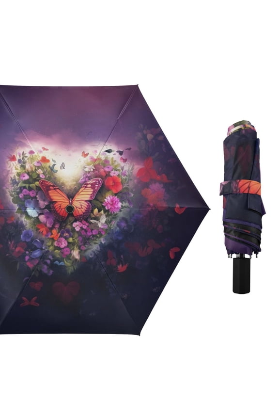 Butterfly with Heart Shape Flower Compact Sun Umbrella Windproof Travel Umbrellas for Rain Strong Portable UV Protection