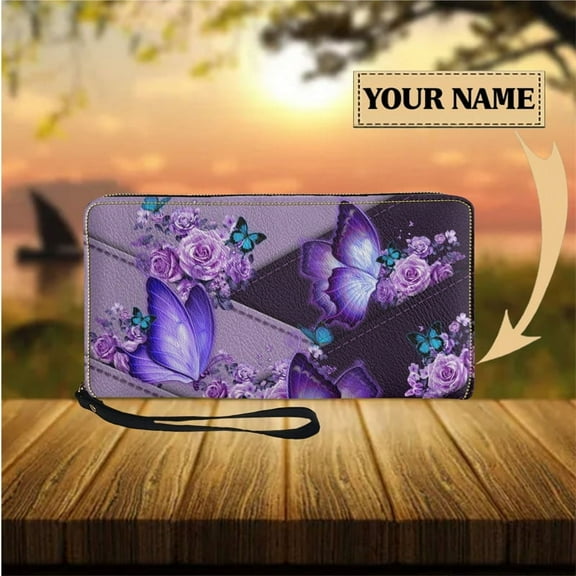 Butterfly with Rose Design Wallets Women Leather Zipper Card Holder Female Wristlet Purse Casual Long Cash Case Light Coin Bags