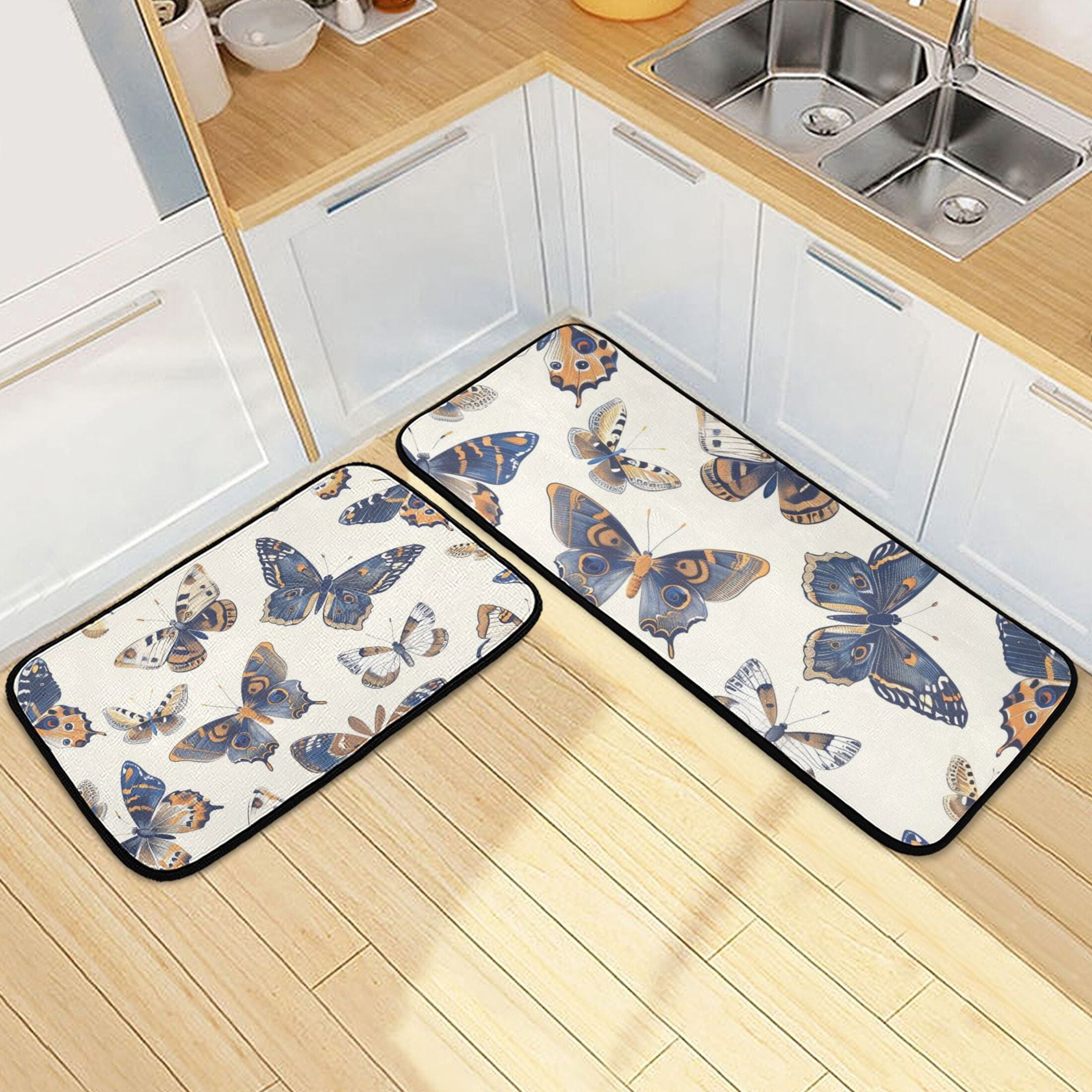 Butterflys Blue Kitchen Rugs Set of 2 Non Slip Floor Foam Mat Cushioned Soft Waterproof Carpet