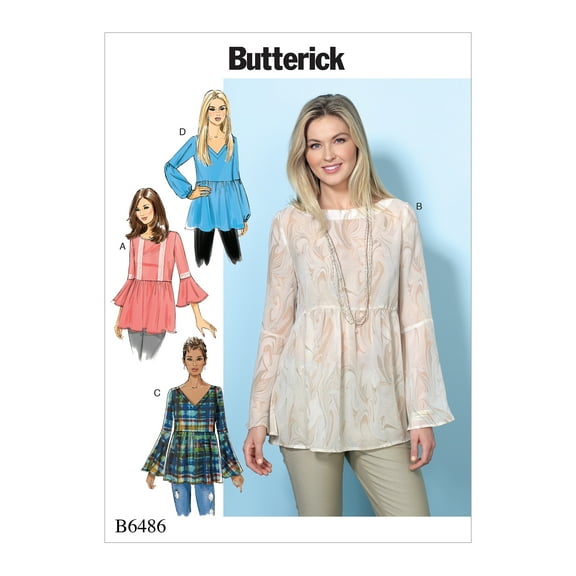 Butterick Pattern Misses' Loose-Fitting, Gathered Waist Pullover Tops With Bel-Xs-S-M