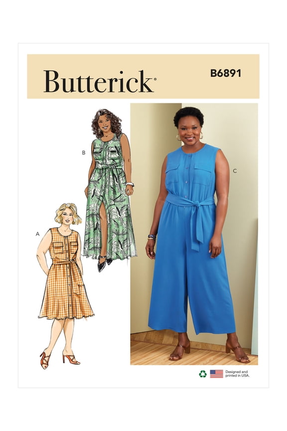 Sewing Pattern 6891 - Women's Dress, Jumpsuit and Sash, Size: KK (26W-28W-30W-32W)