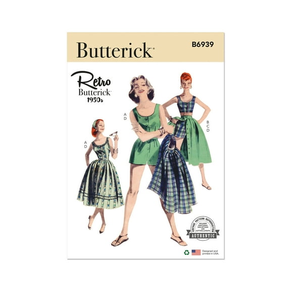 Butterick Sewing Pattern 6939 - Misses' Playsuit, Midriff Blouse, Shorts and Skirt, Size: A5 (6-8-10-12-14)