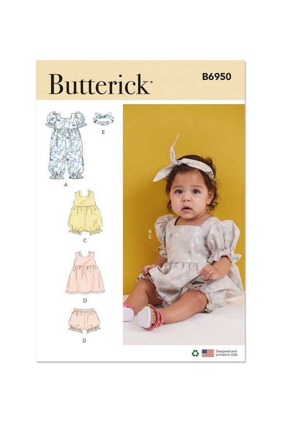 Sewing Pattern 6950 - Babies' Rompers, Dress, Bloomers and Headband, Size: A (XS-S-M-L)