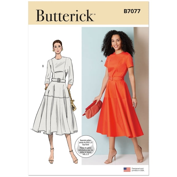Butterick Sewing Pattern 7077 - Misses' Fit and Flare Dress with Belt, Size: Y5(18-26)