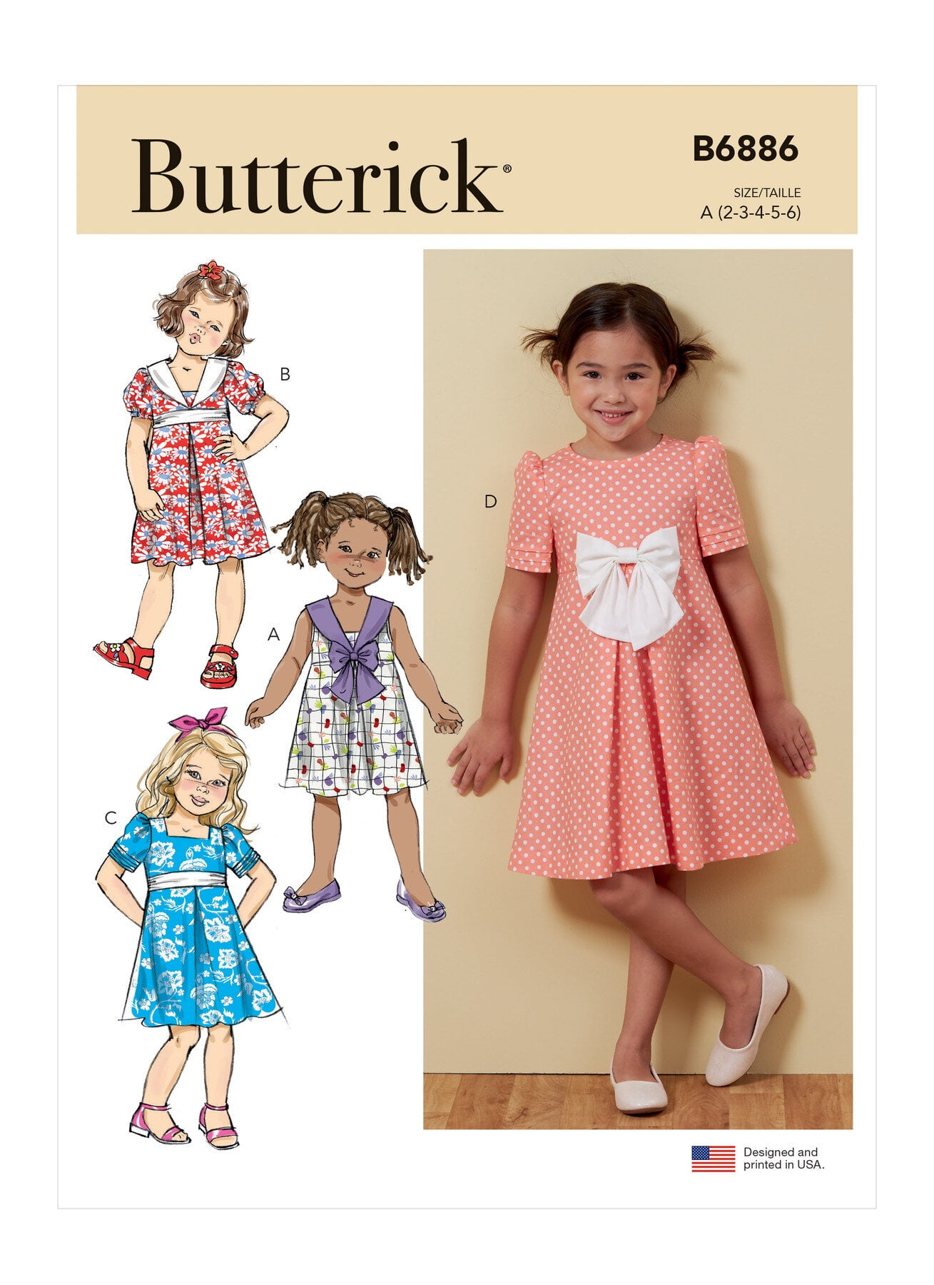 Cartamodello Butterick B6906A – Abito E Copricapo Per Bambina, Taglie 1/2-1-2-3-4, Livello Facile, Cucito Creativo