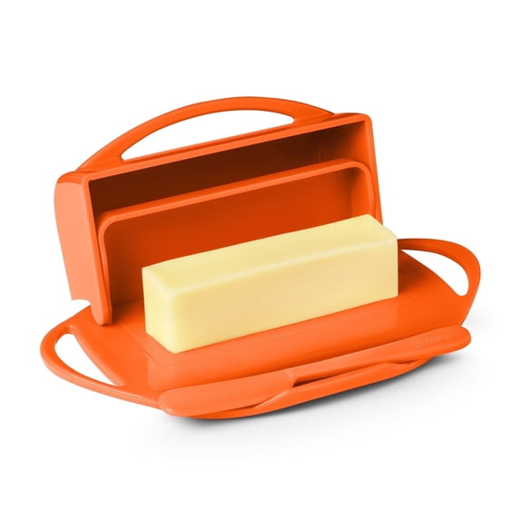 Butterie Flip-Top Butter Dish with Lid & Matching Knife, Holds 2 Sticks/Kerrygold Butter, No-Mess Butter Holder, Shatterproof, Dishwasher Safe (Orange)