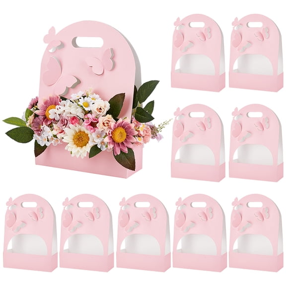Butterlfy Paper Floral Boxes Folding Carton Gift Boxes Bouquet Fresh Flower Packaging Boxes with Window Pink 25x9x35.5cm