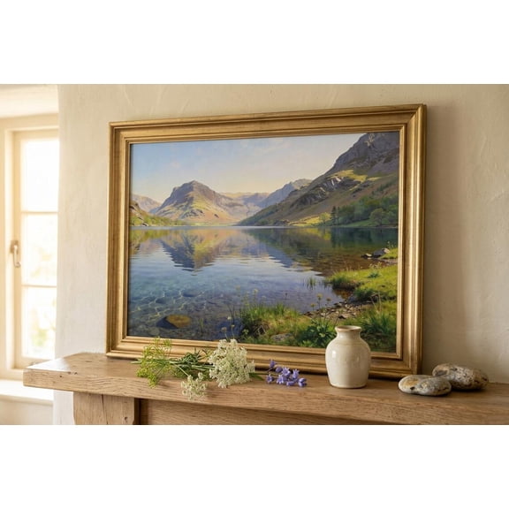 Buttermere Lake District Reflection Spring Landscape Wall Art, Stretched Canvas