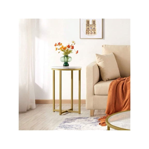 Butterslay 1pc Faux Marble Side Table With X-Based, Round Accent Table With Protective Foot Pads, End Table For Living Room, Loft, Office, Antique Gold/Black