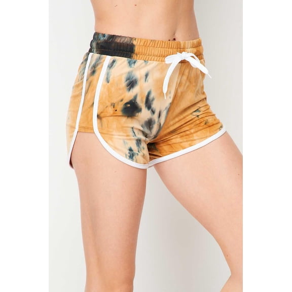 Buttery Smooth Camel Tie Dye Side Striped Drawstring Waist Dolphin Shorts Camel L/XL