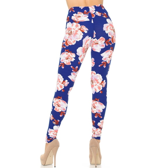 Buttery Soft Blooming Floral On Blue Leggings (One Size Regular,Blue)