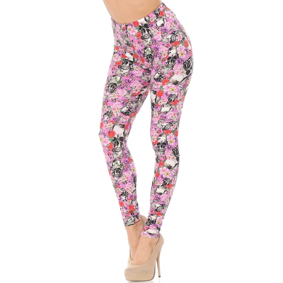 Buttery Soft Pink Blossom Skulls Leggings (One Size Regular,Pink)