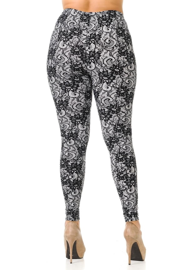 Buttery Soft Sassy Lace Print Plus Size Leggings (One Size Plus,Charcoal)