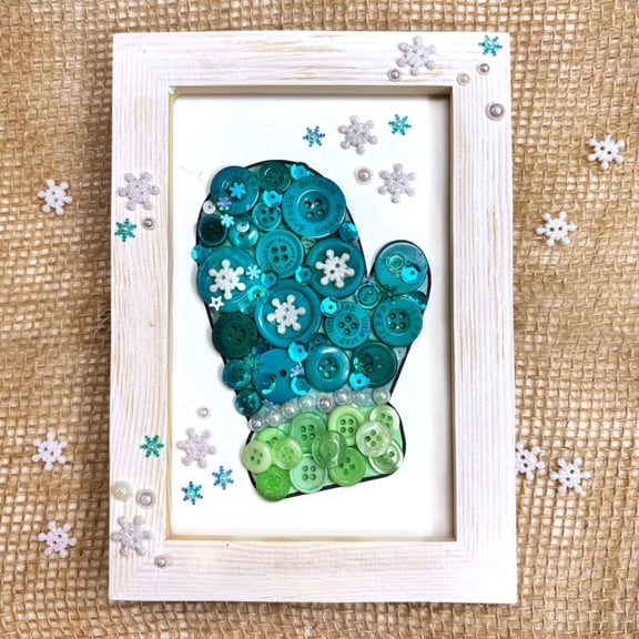 Button Art Frame Kit, Winter Mitten Design with Snowflakes, Wood Frame, Wall Decor