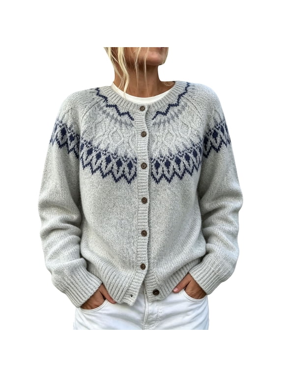 Button Down Cardigan Sweater Traditional Fair Isle Bands Around Shoulders Round Neck Relaxed Fit Long Sleeve Nordic Inspired Yoke Casual Fall Fashion for Women