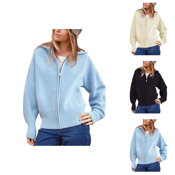 Button Up Cardigan for Women Casual Business Women's Sweater Zip Soft Knit Coat With Navy Collar Long Sleeve Outerwear Comfortable Loose Fit Fall Winter Tops